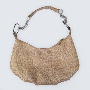 Faux Crocodile Skin Handbag Purse With Metal Chains and Rings.